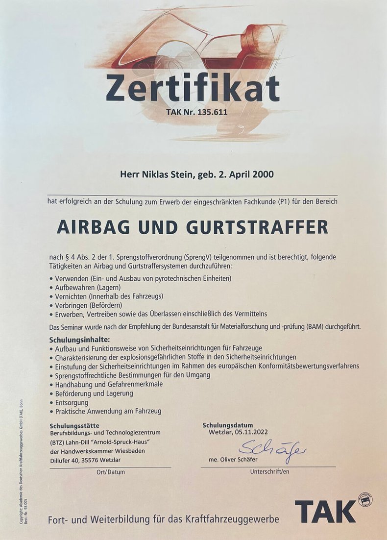 Zertifikat Niklas Stein Bild: Zertifikat Niklas Stein