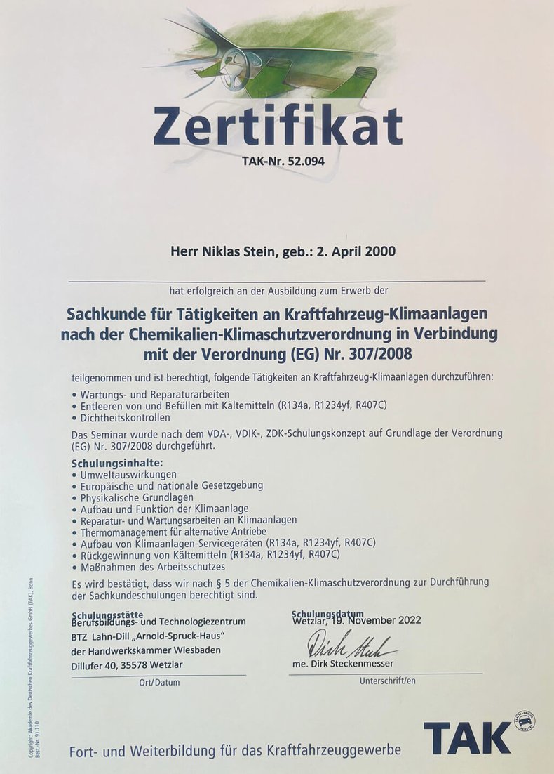 Zertifikat Niklas Stein Bild: Zertifikat Niklas Stein