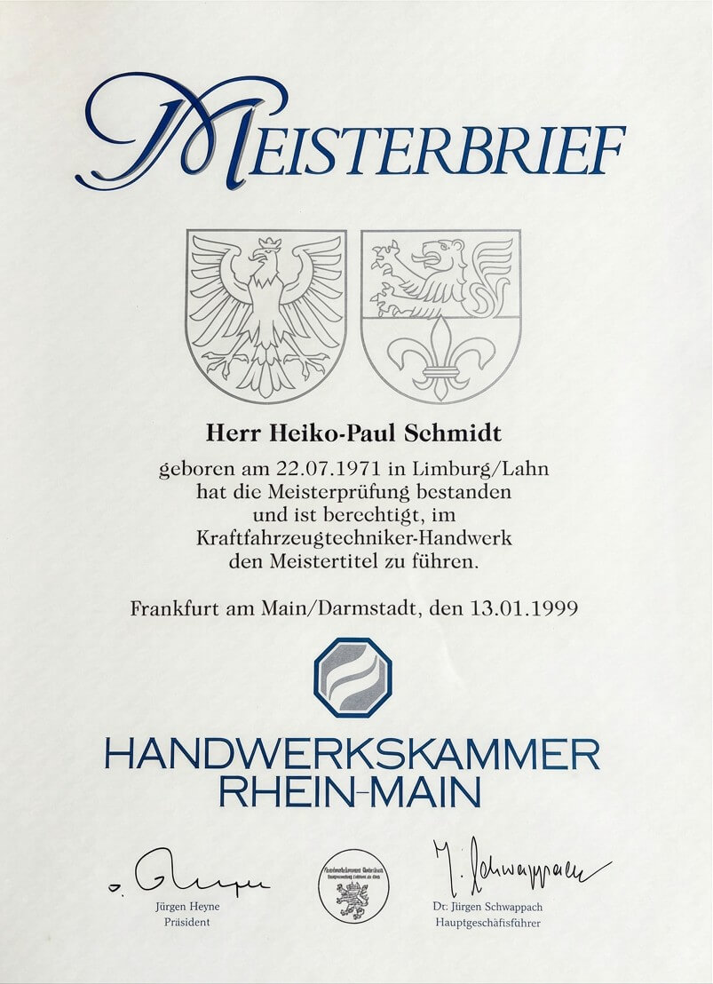 Meisterbrief von Heiko-Paul Schmidt Bild: Meisterbrief von Heiko-Paul Schmidt