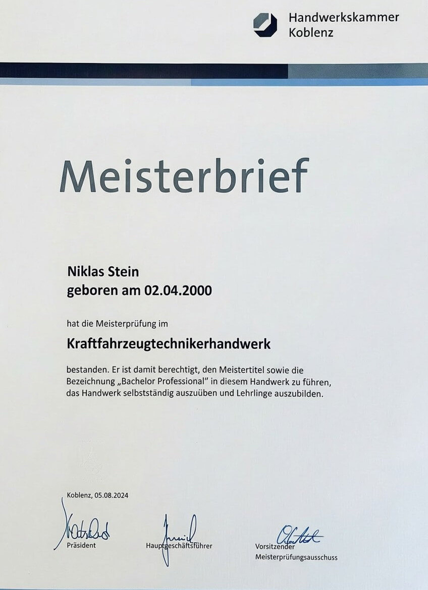 Meisterbrief Niklas Stein Bild: Meisterbrief Niklas Stein